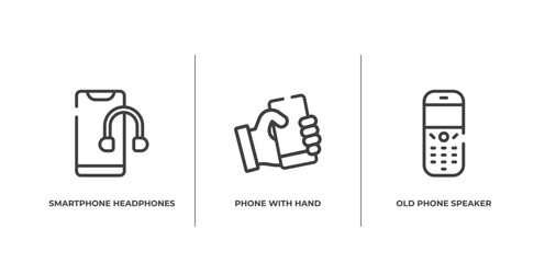 history of phones outline icons set. thin line icons sheet included smartphone headphones, phone with hand, old phone speaker vector.