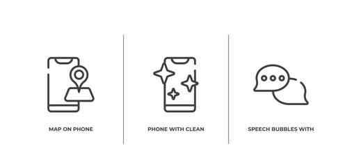 chatting outline icons set. thin line icons sheet included map on phone, phone with clean screen, speech bubbles with ellipsis vector.