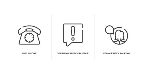 talking outline icons set. thin line icons sheet included dial phone, warning speech bubble, female user talking vector.