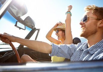 Travel, car road trip and profile couple on bonding holiday adventure, transportation journey or...