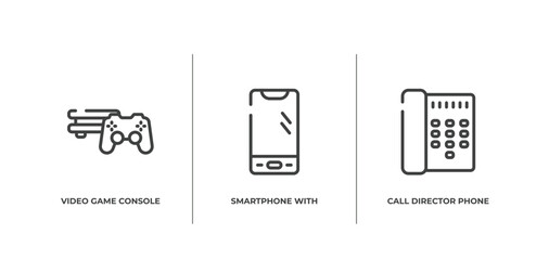 history of phones outline icons set. thin line icons sheet included video game console ps4, smartphone with three buttons, call director phone vector.