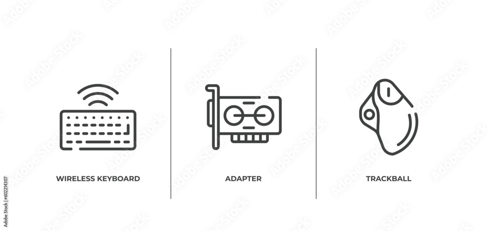 Poster computer functions outline icons set. thin line icons sheet included wireless keyboard, adapter, tra