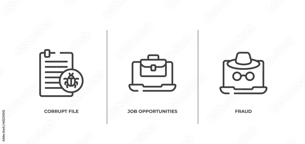 Poster web and hacker outline icons set. thin line icons sheet included corrupt file, job opportunities, fr