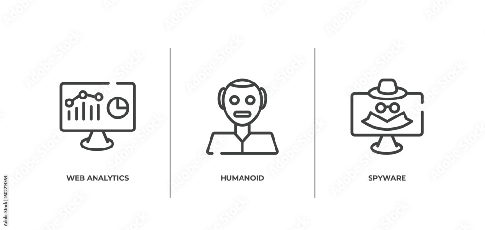 Poster web and hacker outline icons set. thin line icons sheet included web analytics, humanoid, spyware ve