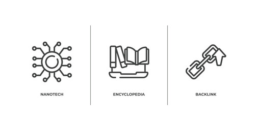 seo outline icons set. thin line icons sheet included nanotech, encyclopedia, backlink vector.