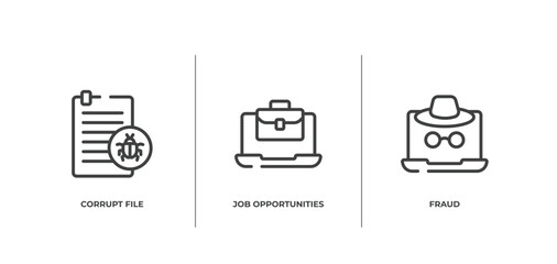 web and hacker outline icons set. thin line icons sheet included corrupt file, job opportunities, fraud vector.