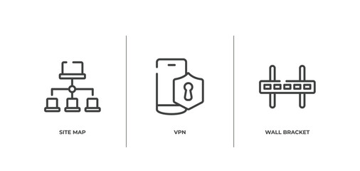 television outline icons set. thin line icons sheet included site map, vpn, wall bracket vector.