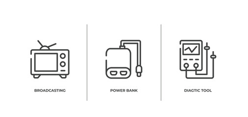 network architecture outline icons set. thin line icons sheet included broadcasting, power bank, diagtic tool vector.