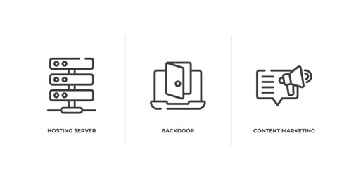 seo outline icons set. thin line icons sheet included hosting server, backdoor, content marketing vector.