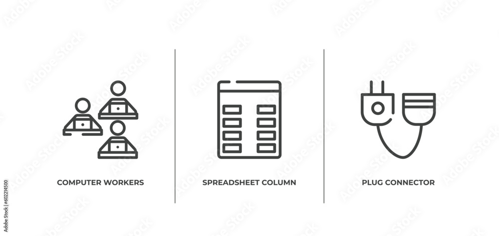 Poster computer and media outline icons set. thin line icons sheet included computer workers team, spreadsh