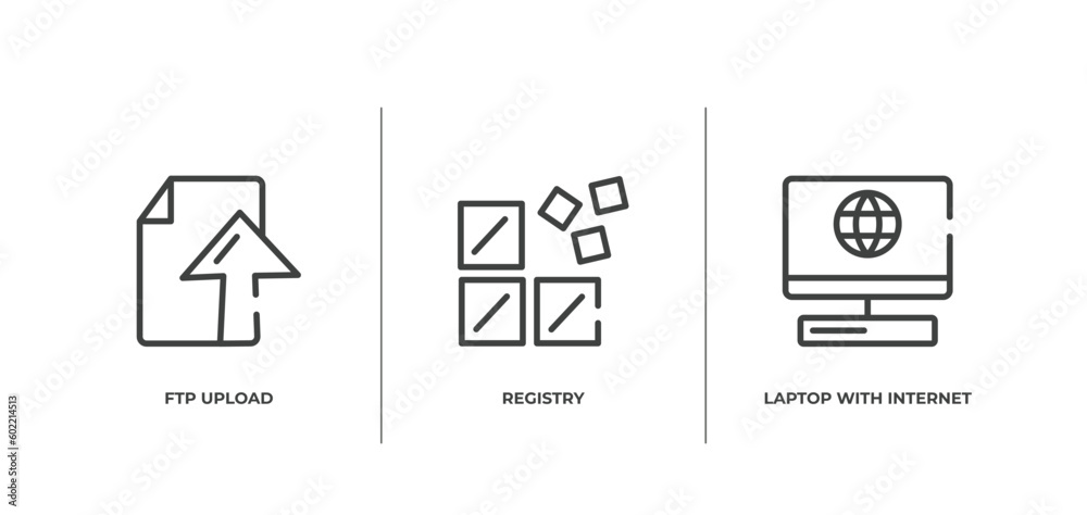 Poster computer workers outline icons set. thin line icons sheet included ftp upload, registry, laptop with