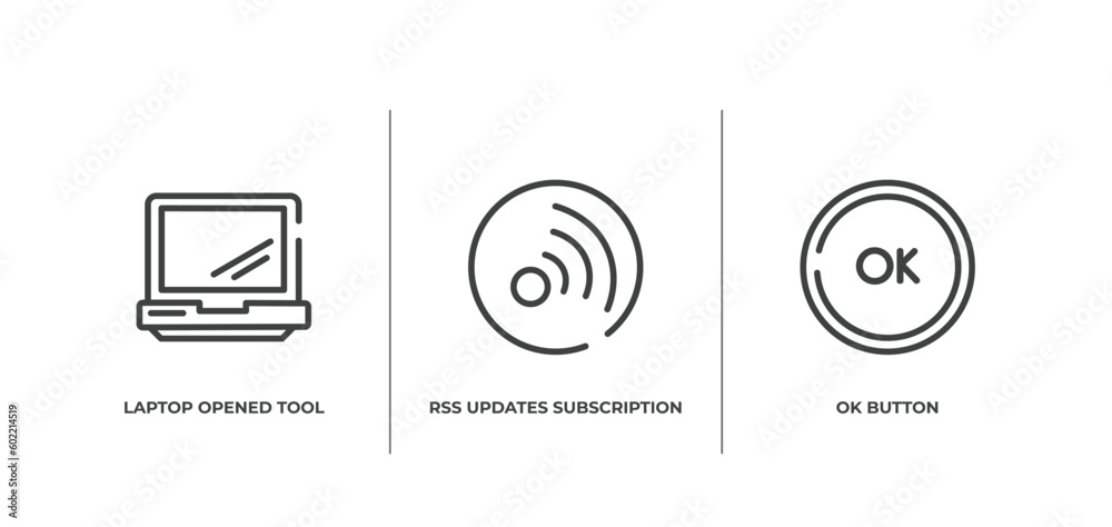 Poster computer and media outline icons set. thin line icons sheet included laptop opened tool, rss updates
