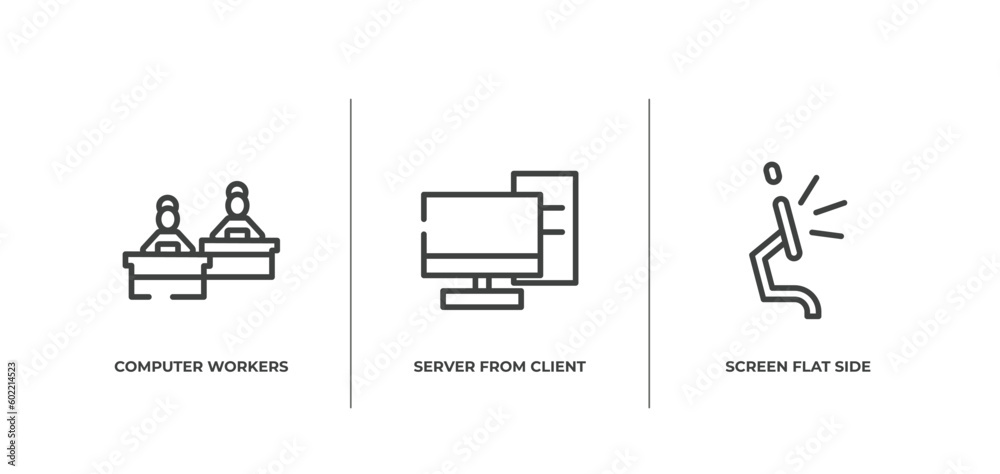 Poster modern screen outline icons set. thin line icons sheet included computer workers group, server from 