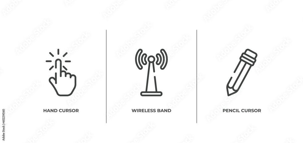 Poster cursors and pointers outline icons set. thin line icons sheet included hand cursor, wireless band, p
