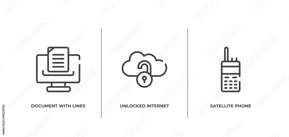 Poster material devices outline icons set. thin line icons sheet included document with lines, unlocked int