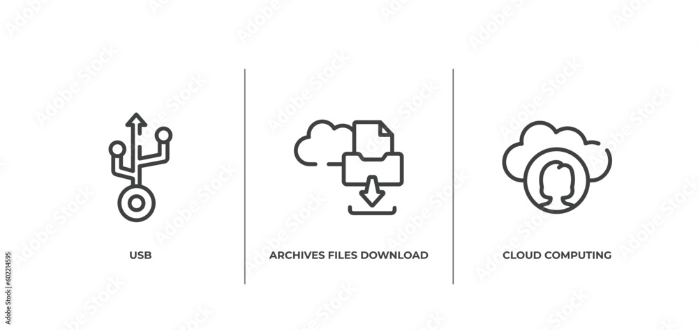 Poster cloud computing outline icons set. thin line icons sheet included usb, archives files download, clou