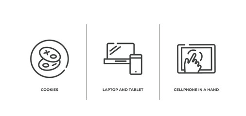 modern screen outline icons set. thin line icons sheet included cookies, laptop and tablet, cellphone in a hand vector.