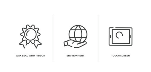 modern screen outline icons set. thin line icons sheet included wax seal with ribbon, environment, touch screen vector.
