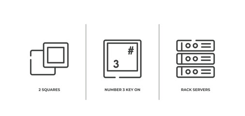 computer and media outline icons set. thin line icons sheet included 2 squares, number 3 key on keyboard, rack servers vector.