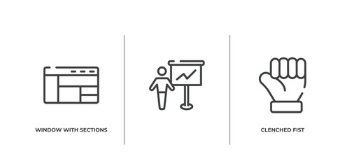 cursors and pointers outline icons set. thin line icons sheet included window with sections, , clenched fist vector.