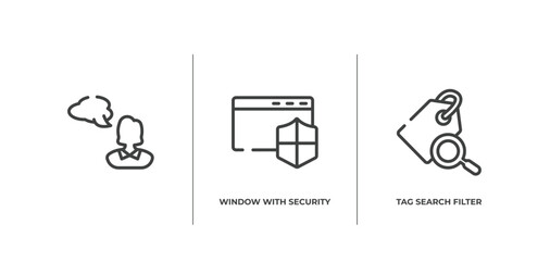 computer and media outline icons set. thin line icons sheet included , window with security badge, tag search filter vector.