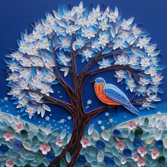 Vibrant bird on a tree: Colorful paper cut-out art featuring a generative AI blue spring tree. Perfect for nature-themed designs.