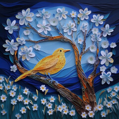 Vibrant bird on a tree: Colorful paper cut-out art featuring a generative AI blue spring tree. Perfect for nature-themed designs.
