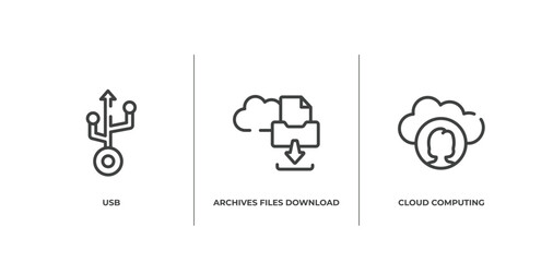 cloud computing outline icons set. thin line icons sheet included usb, archives files download, cloud computing user vector.