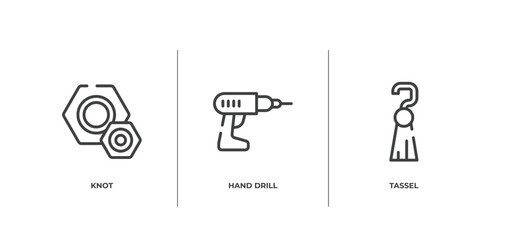handcraft outline icons set. thin line icons sheet included knot, hand drill, tassel vector.