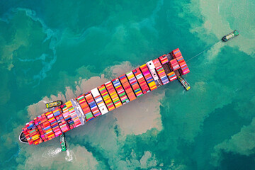 Aerial top view container ship full load container for logistics.