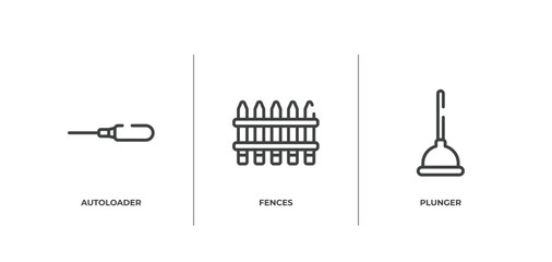 tools outline icons set. thin line icons sheet included autoloader, fences, plunger vector.