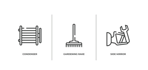 car repair outline icons set. thin line icons sheet included condenser, gardening rake, side mirror vector.