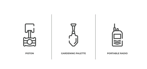 toolbox outline icons set. thin line icons sheet included piston, gardening palette, portable radio vector.