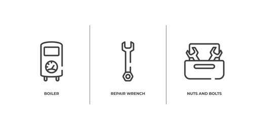 toolbox outline icons set. thin line icons sheet included boiler, repair wrench, nuts and bolts vector.