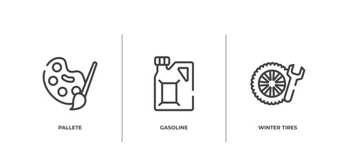 car repair outline icons set. thin line icons sheet included pallete, gasoline, winter tires vector.
