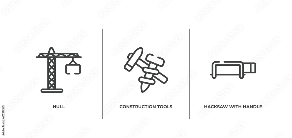 Poster tools and hinery outline icons set. thin line icons sheet included null, construction tools, hacksaw