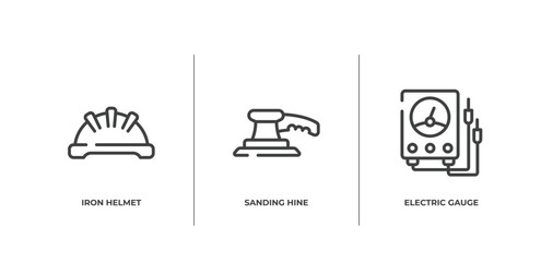 tools and hinery outline icons set. thin line icons sheet included iron helmet, sanding hine, electric gauge vector.