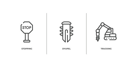 construction hinery outline icons set. thin line icons sheet included stopping, dyupel, trucking vector.