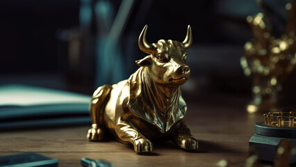 Small golden bull statue on work desk. Symbol of bull market. Generative AI
