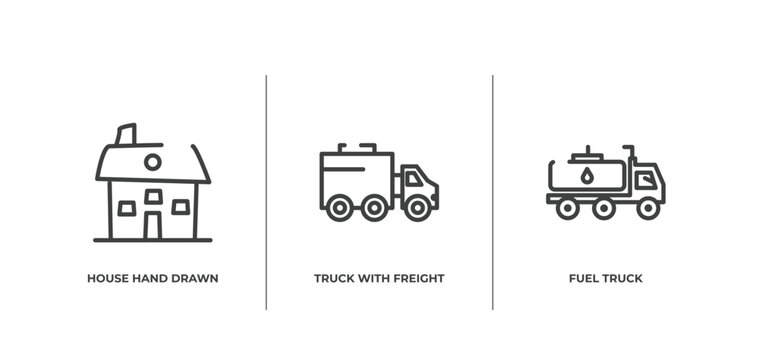constructicons outline icons set. thin line icons sheet included house hand drawn building, truck with freight, fuel truck vector.