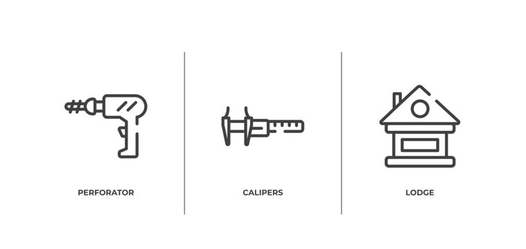 construction outline icons set. thin line icons sheet included perforator, calipers, lodge vector.