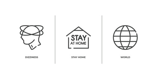 outline icons set. thin line icons sheet included dizziness, stay home, world vector.