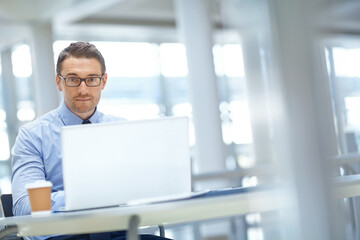 Fototapeta premium Portrait, corporate or business man on laptop for invest strategy, finance growth or financial review. CEO or analytics manager in office building planning, data analysis or economy data research
