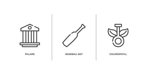 biochemistry outline icons set. thin line icons sheet included pillars, baseball bat, chlorophyll vector.