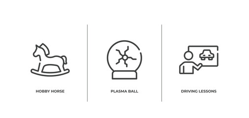 driving school outline icons set. thin line icons sheet included hobby horse, plasma ball, driving lessons vector.