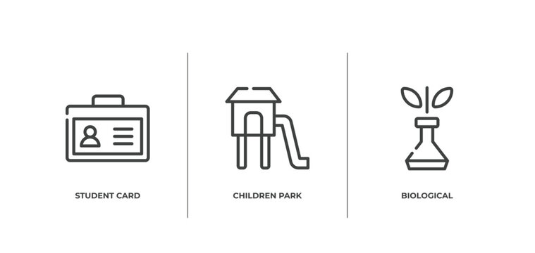 Back To School Outline Icons Set. Thin Line Icons Sheet Included Student Card, Children Park, Biological Vector.