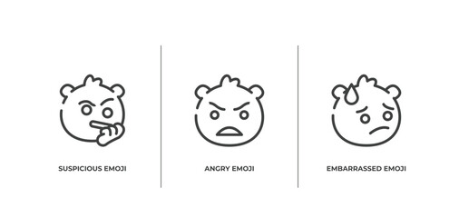emoji outline icons set. thin line icons sheet included suspicious emoji, angry emoji, embarrassed vector.