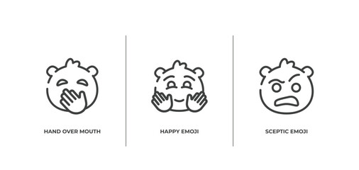 emoji outline icons set. thin line icons sheet included hand over mouth emoji, happy emoji, sceptic vector.