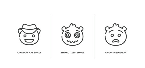 emoji outline icons set. thin line icons sheet included cowboy hat emoji, hypnotized emoji, anguished vector.