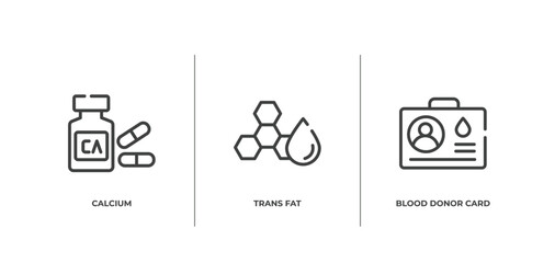 blood donation outline icons set. thin line icons sheet included calcium, trans fat, blood donor card vector.